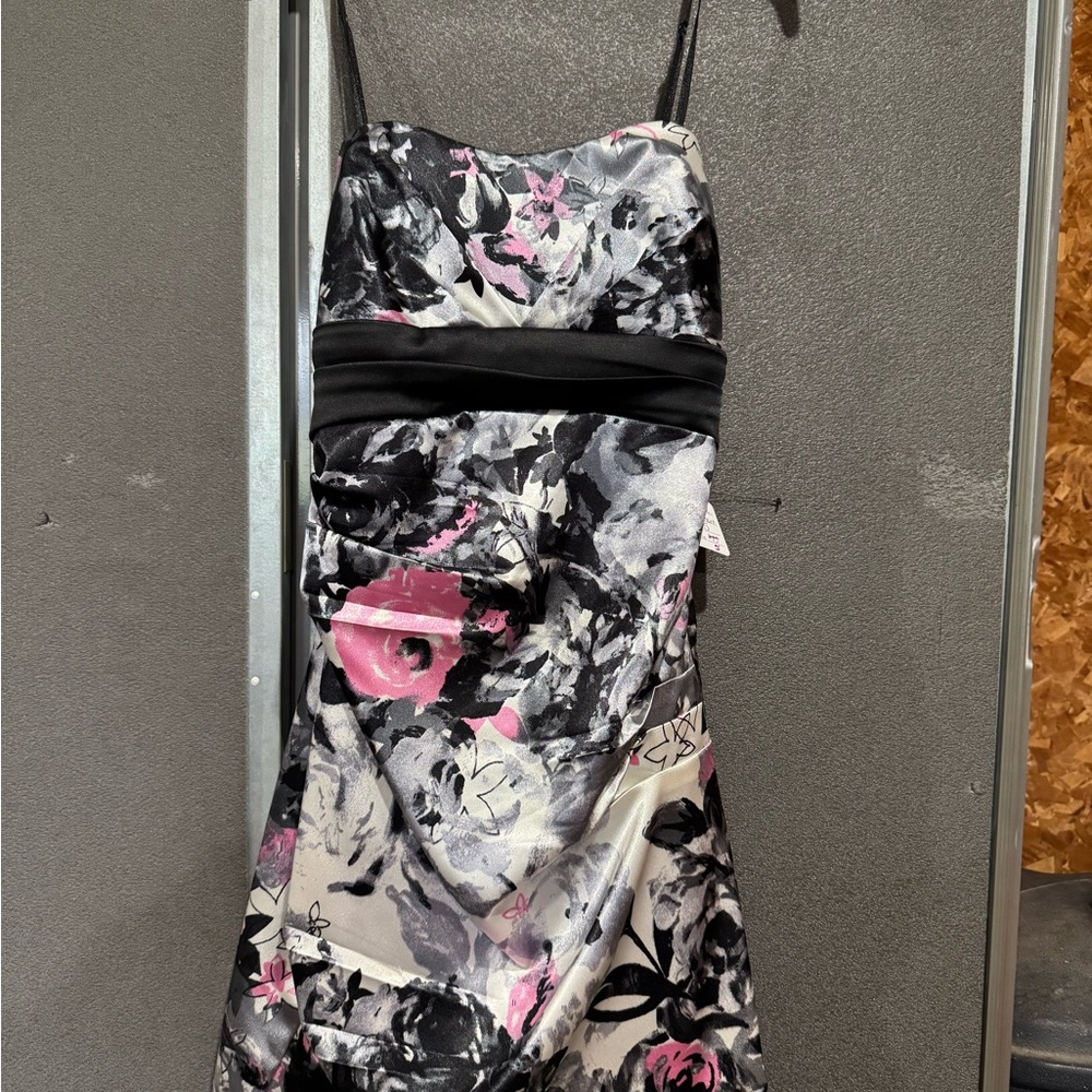 Windsor Pink & Gray Floral Satin Prom Dress with Black Waistband